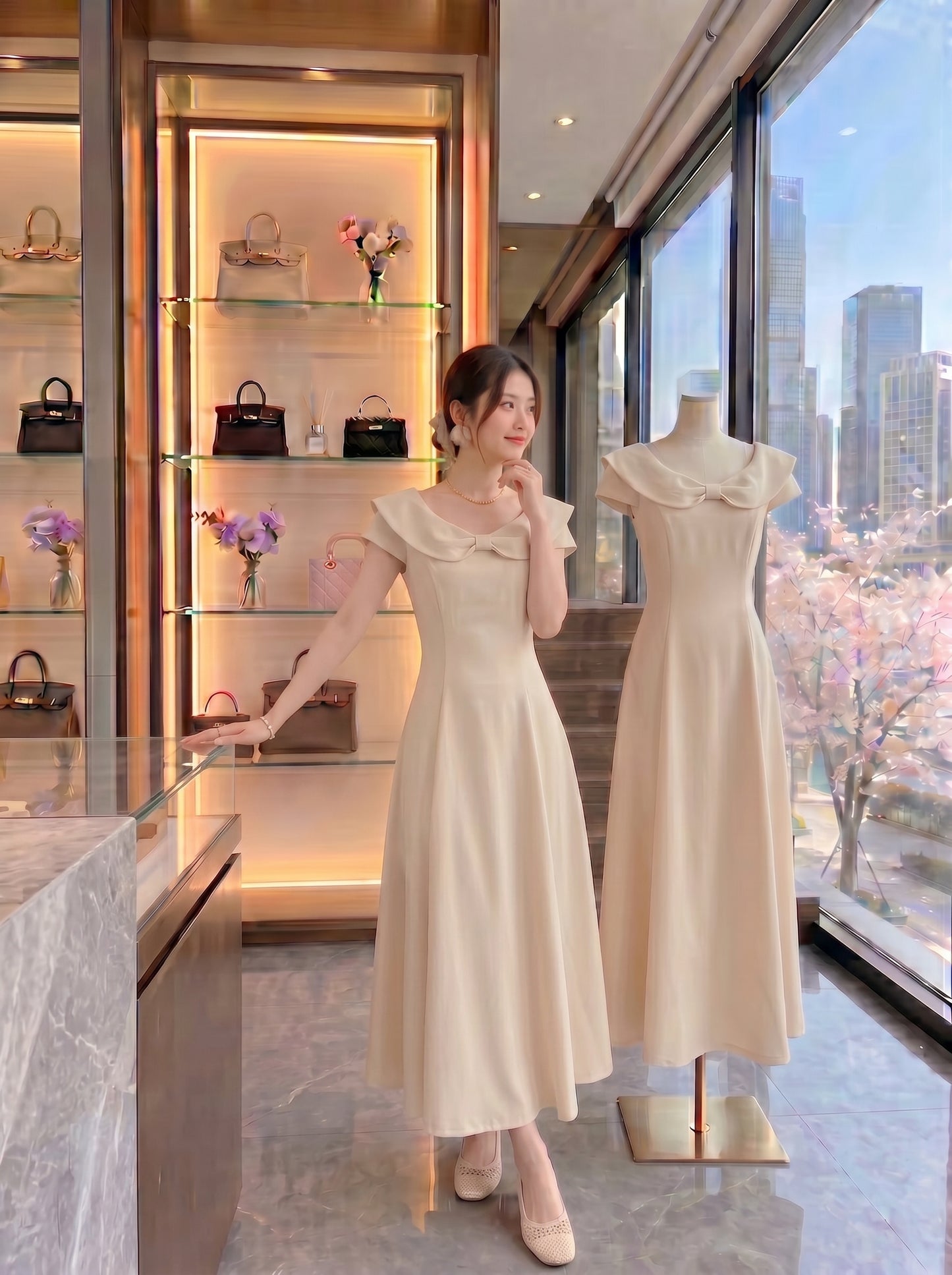 Clara Off-Shoulder Bow A-Line Dress