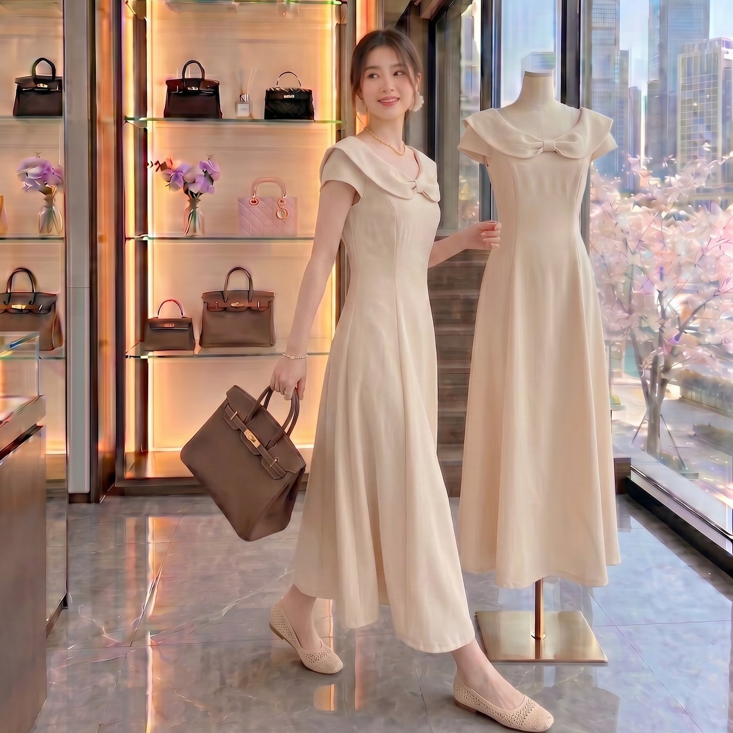Clara Off-Shoulder Bow A-Line Dress
