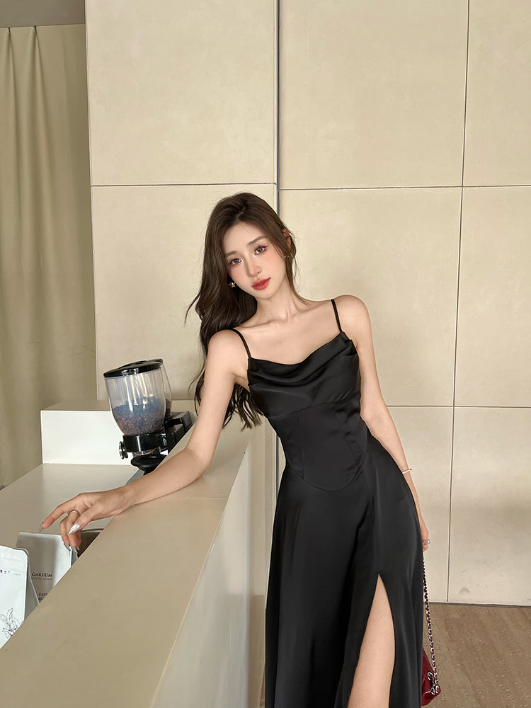 Black Satin Cowl Neck Maxi Dress