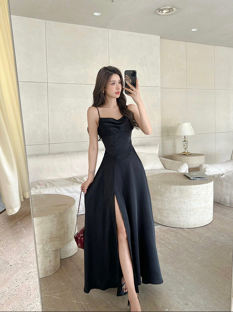 Black Satin Cowl Neck Maxi Dress