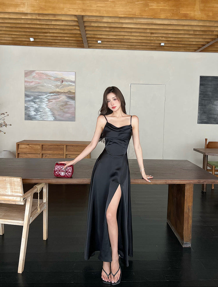 Black Satin Cowl Neck Maxi Dress