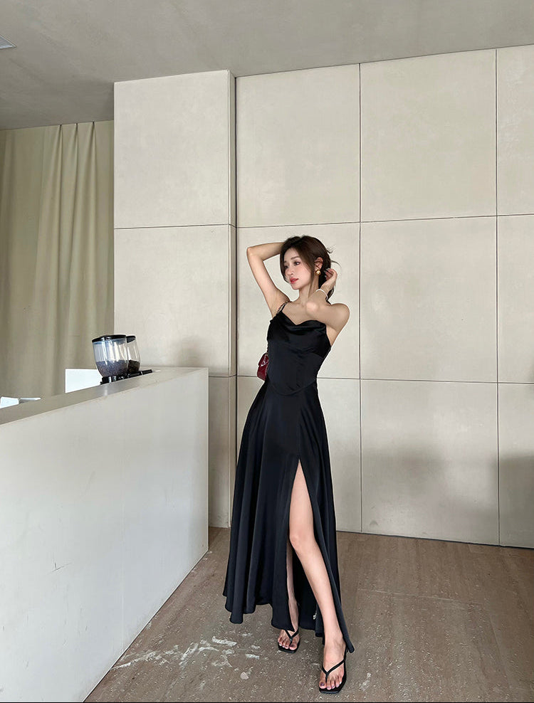 Black Satin Cowl Neck Maxi Dress