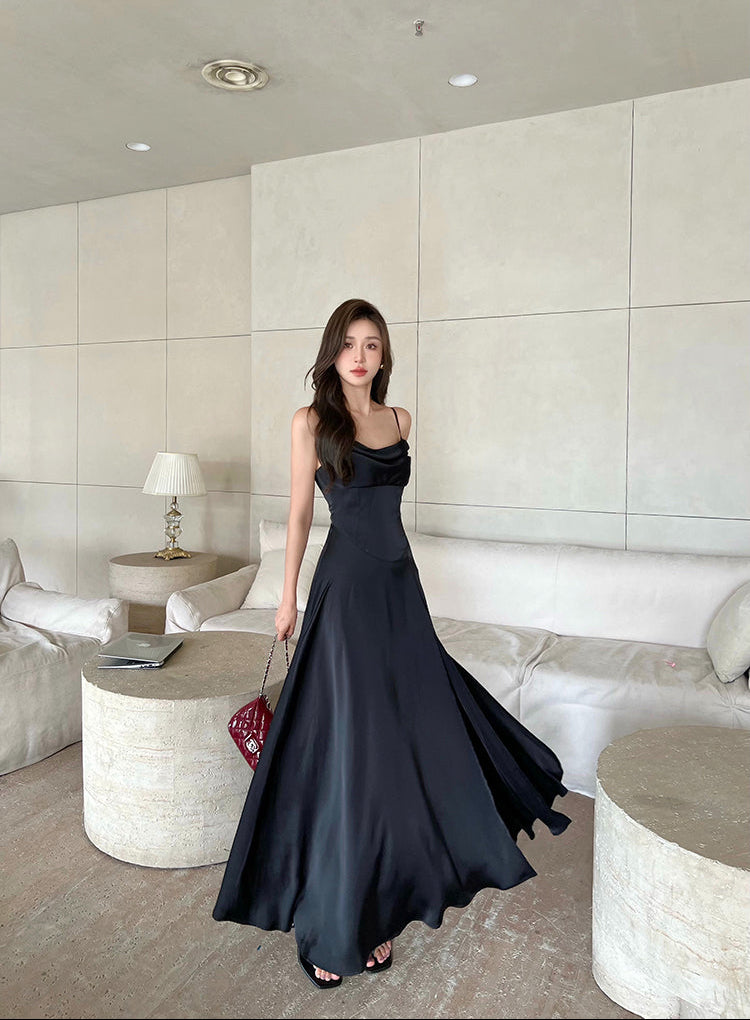 Black Satin Cowl Neck Maxi Dress