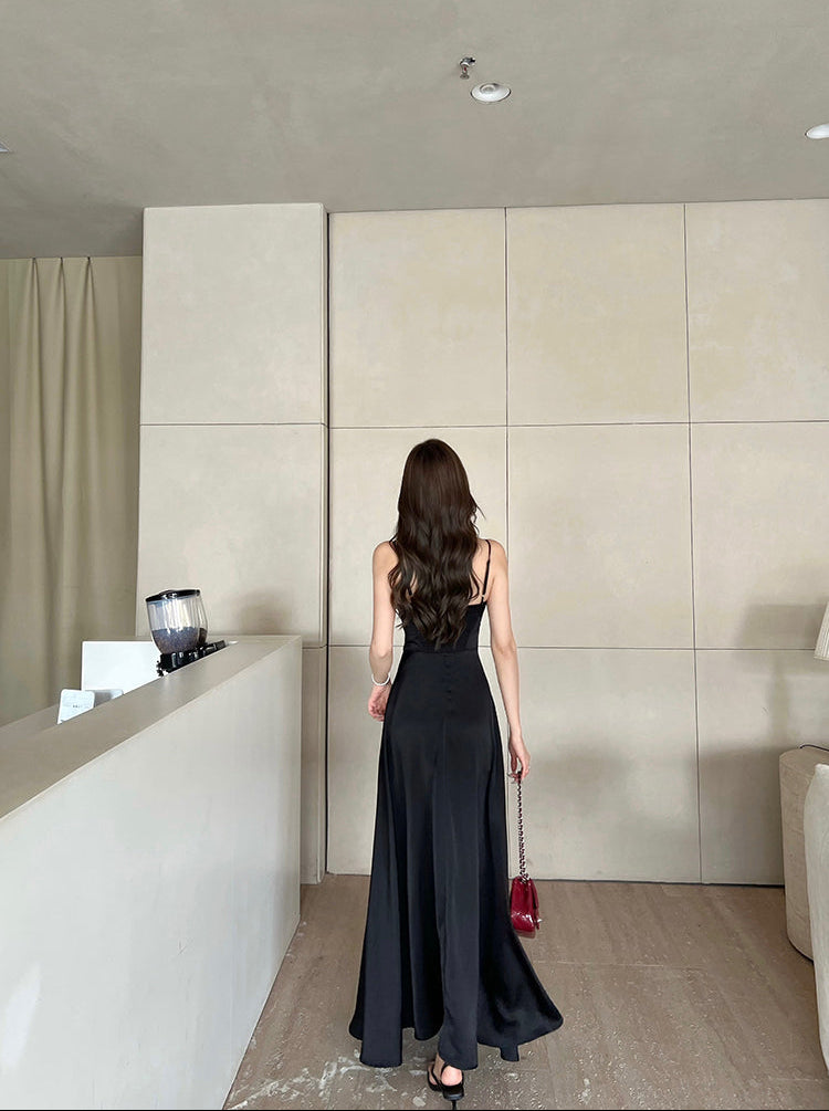 Black Satin Cowl Neck Maxi Dress
