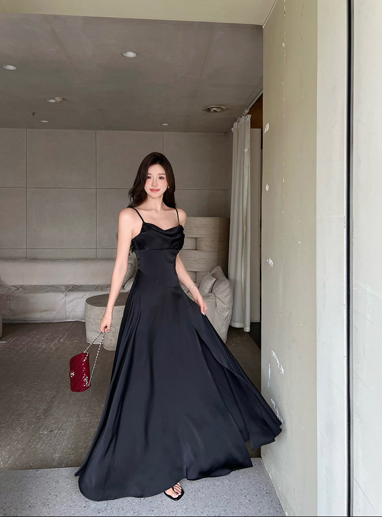 Black Satin Cowl Neck Maxi Dress