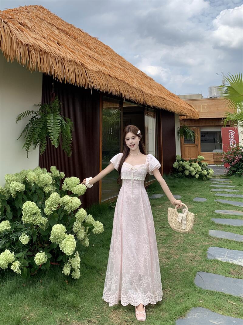 The Misty Pink Rose Lace Maxi Dress