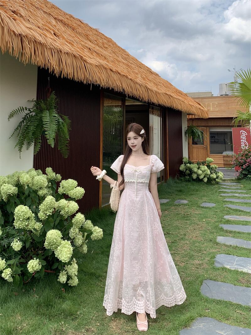 The Misty Pink Rose Lace Maxi Dress