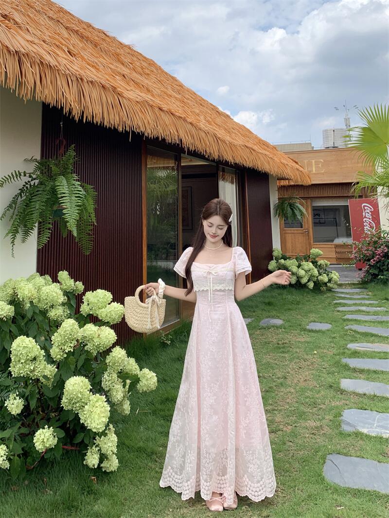 The Misty Pink Rose Lace Maxi Dress