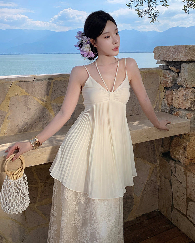 The Muse Two-Piece Gown-Ivory Pleated Layered Lace Maxi Dress