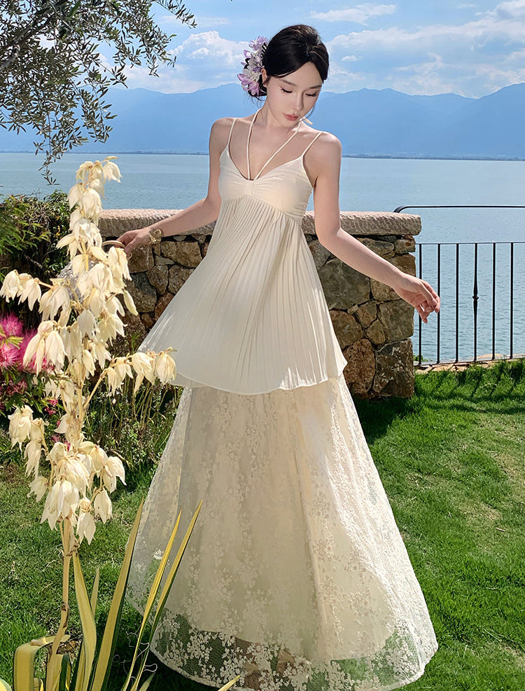 The Muse Two-Piece Gown-Ivory Pleated Layered Lace Maxi Dress