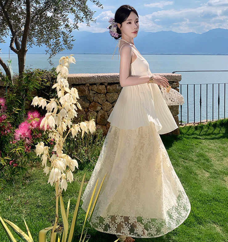 The Muse Two-Piece Gown-Ivory Pleated Layered Lace Maxi Dress