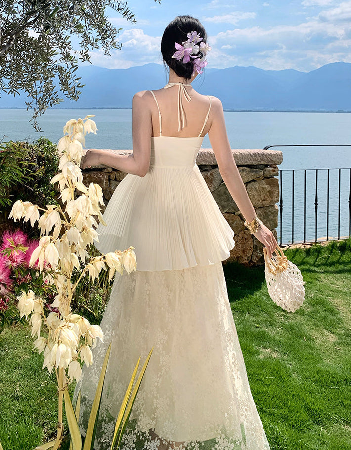 The Muse Two-Piece Gown-Ivory Pleated Layered Lace Maxi Dress
