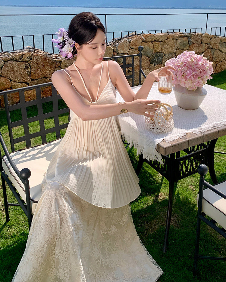 The Muse Two-Piece Gown-Ivory Pleated Layered Lace Maxi Dress
