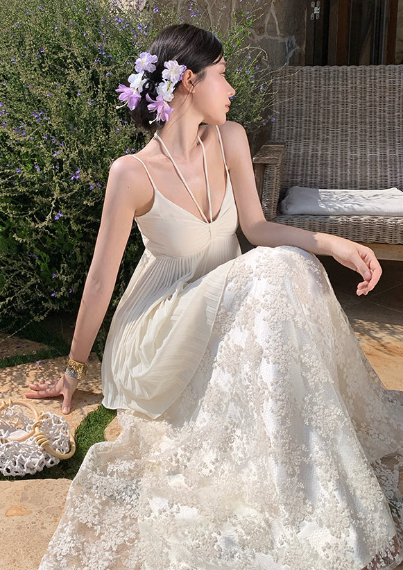 The Muse Two-Piece Gown-Ivory Pleated Layered Lace Maxi Dress