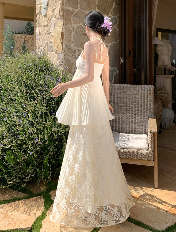 The Muse Two-Piece Gown-Ivory Pleated Layered Lace Maxi Dress