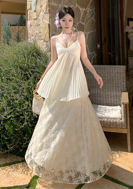 The Muse Two-Piece Gown-Ivory Pleated Layered Lace Maxi Dress