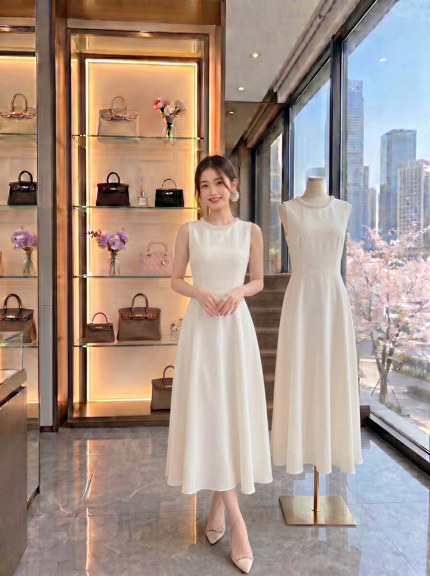 The Pearl-Trimmed Classic Cream A-Line Midi Dress