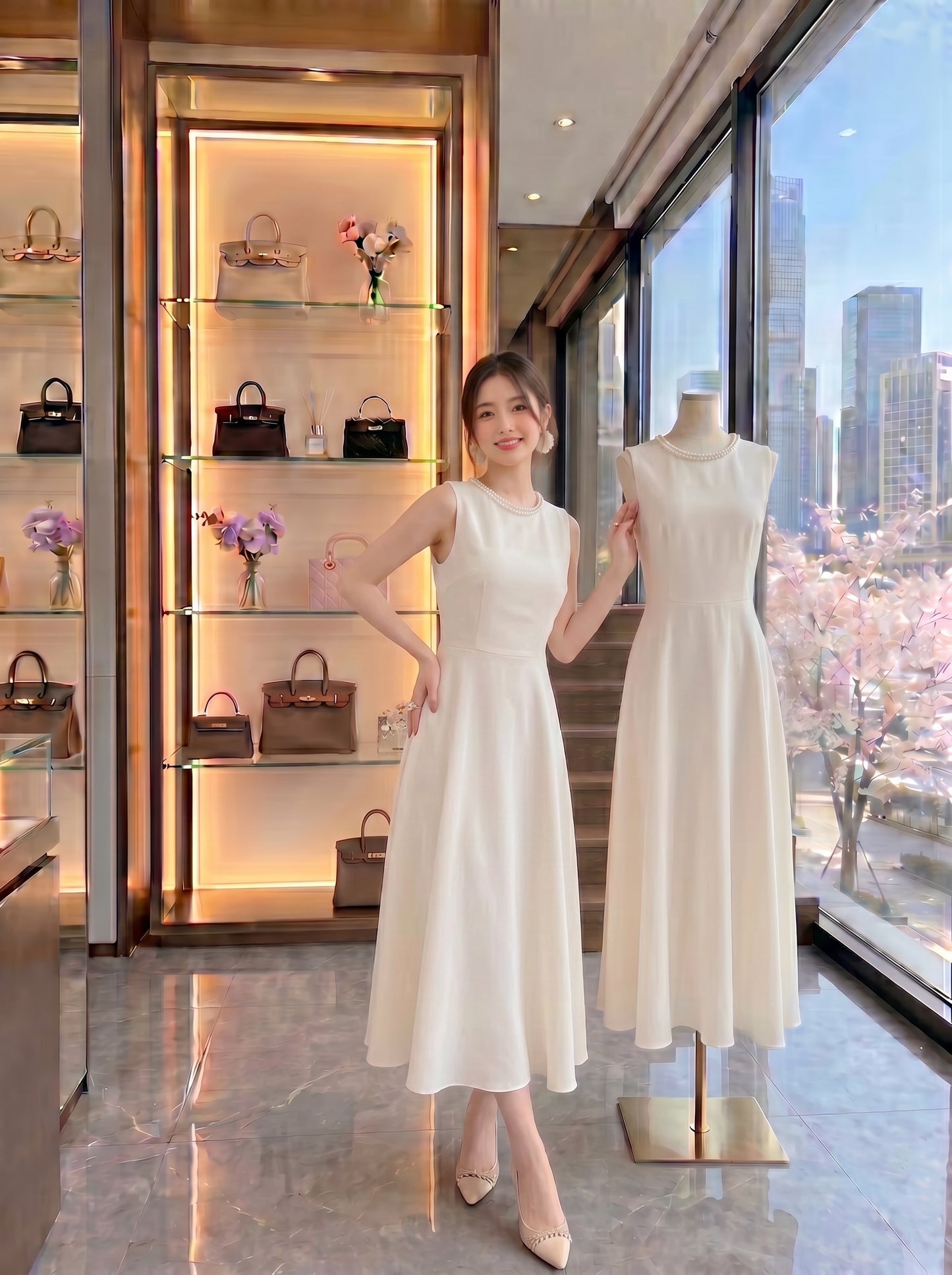 The Pearl-Trimmed Classic Cream A-Line Midi Dress