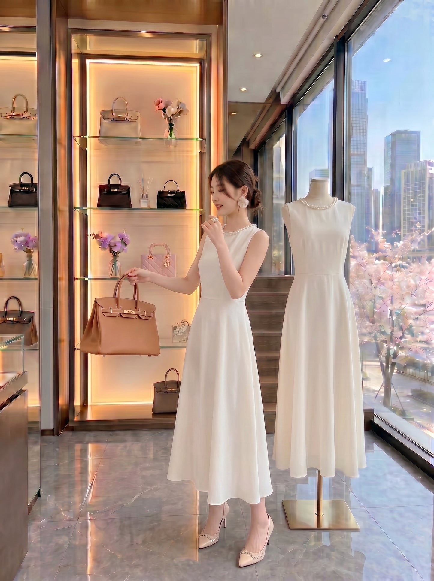 The Pearl-Trimmed Classic Cream A-Line Midi Dress