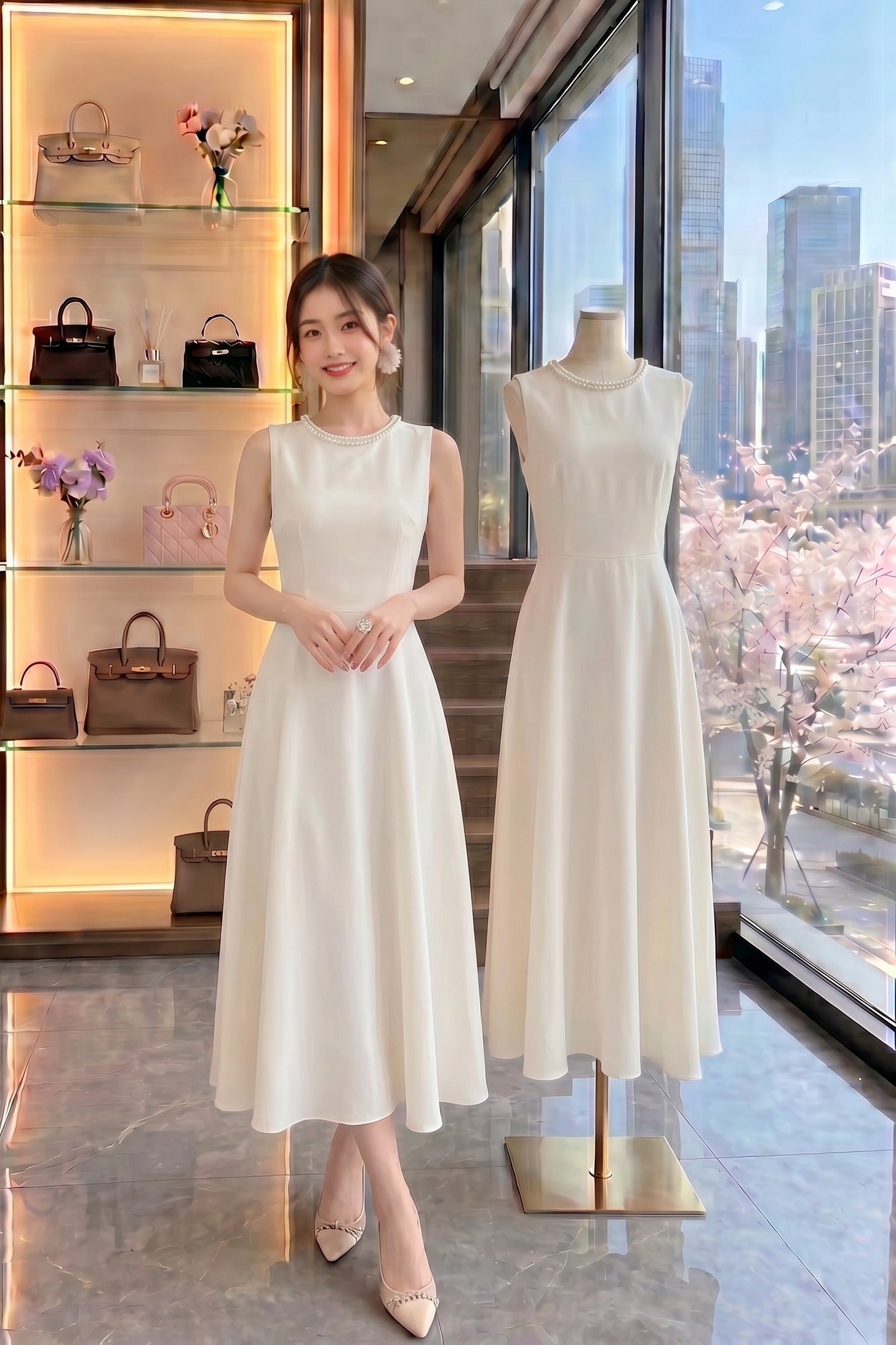 The Pearl-Trimmed Classic Cream A-Line Midi Dress