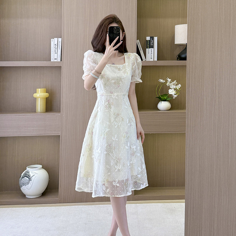 French Garden Square-Neck Puff Dress