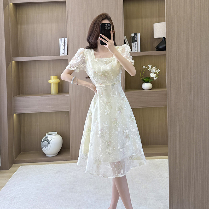 French Garden Square-Neck Puff Dress