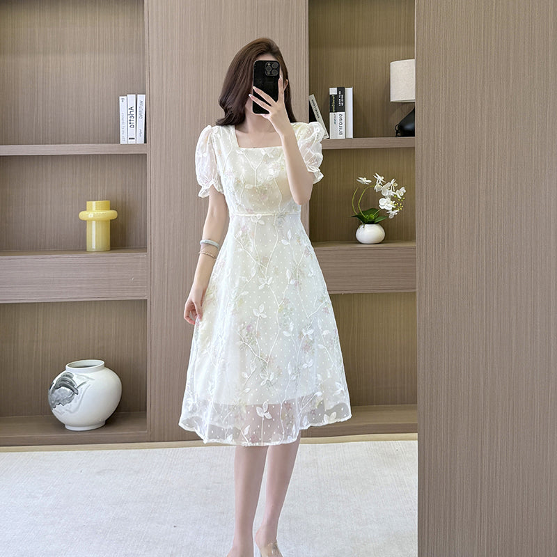 French Garden Square-Neck Puff Dress