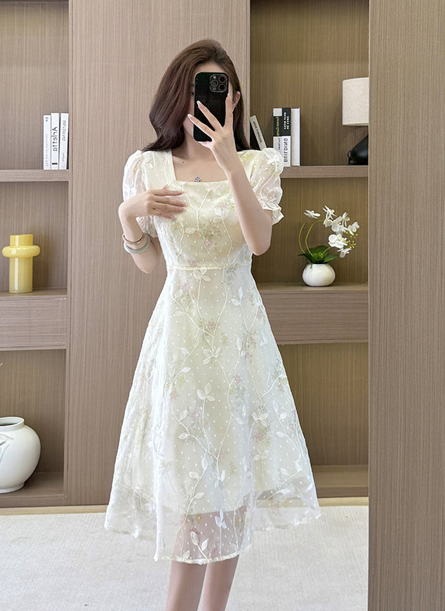 French Garden Square-Neck Puff Dress