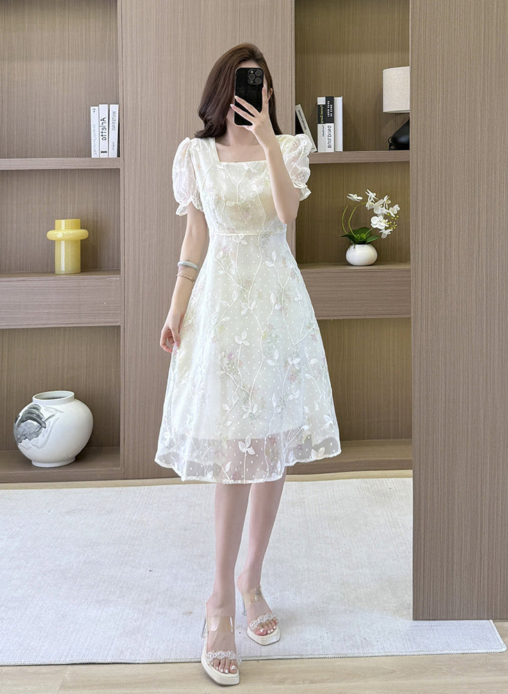 French Garden Square-Neck Puff Dress