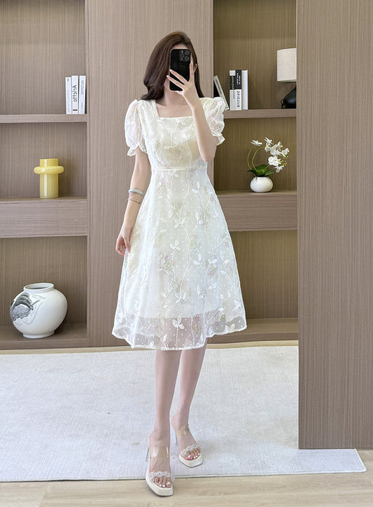 French Garden Square-Neck Puff Dress