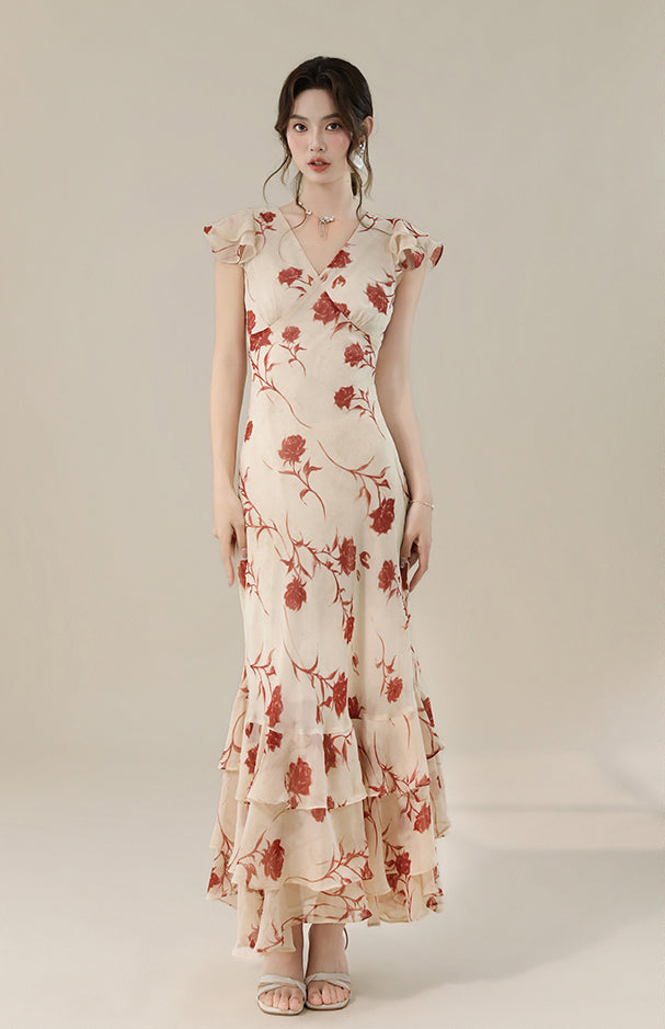 Vintage Floral V-Neck Ruffle Maxi Dress