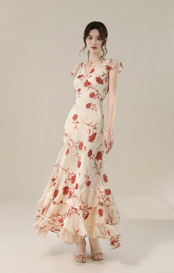 Vintage Floral V-Neck Ruffle Maxi Dress