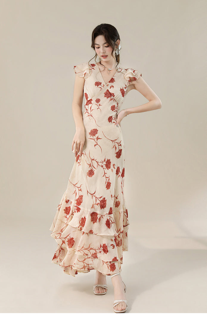 Vintage Floral V-Neck Ruffle Maxi Dress