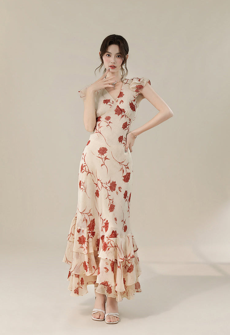 Vintage Floral V-Neck Ruffle Maxi Dress