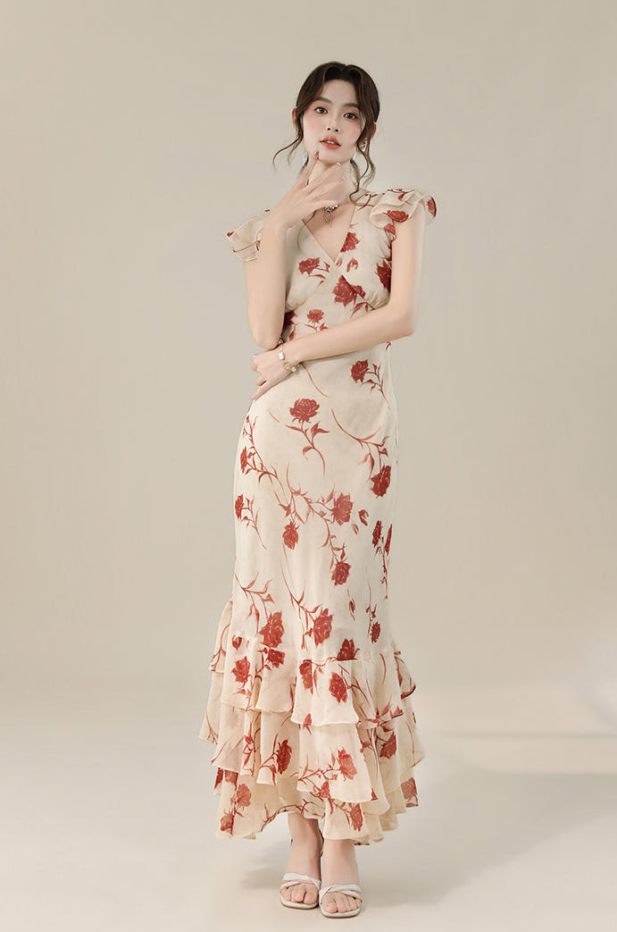Vintage Floral V-Neck Ruffle Maxi Dress