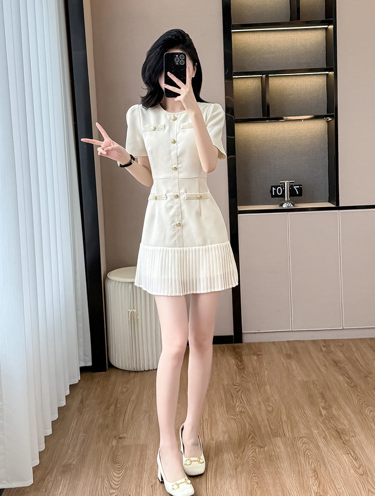Short Sleeve Cream Tweed Dress With Pleated Flounce Skirt
