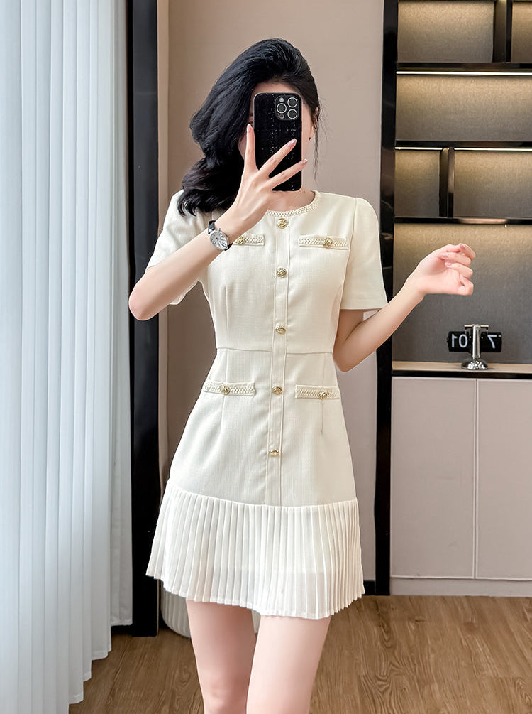 Short Sleeve Cream Tweed Dress With Pleated Flounce Skirt