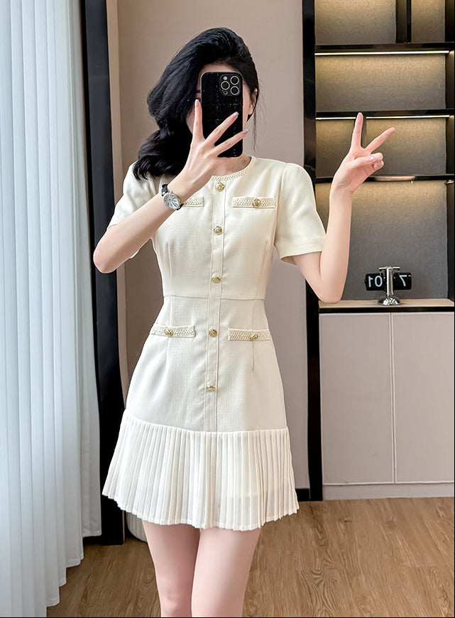 Short Sleeve Cream Tweed Dress With Pleated Flounce Skirt