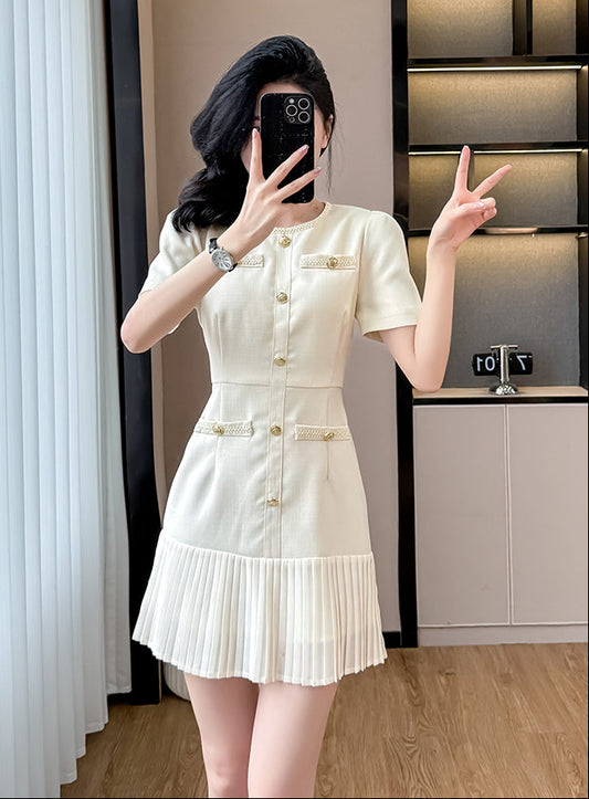 Short Sleeve Cream Tweed Dress With Pleated Flounce Skirt