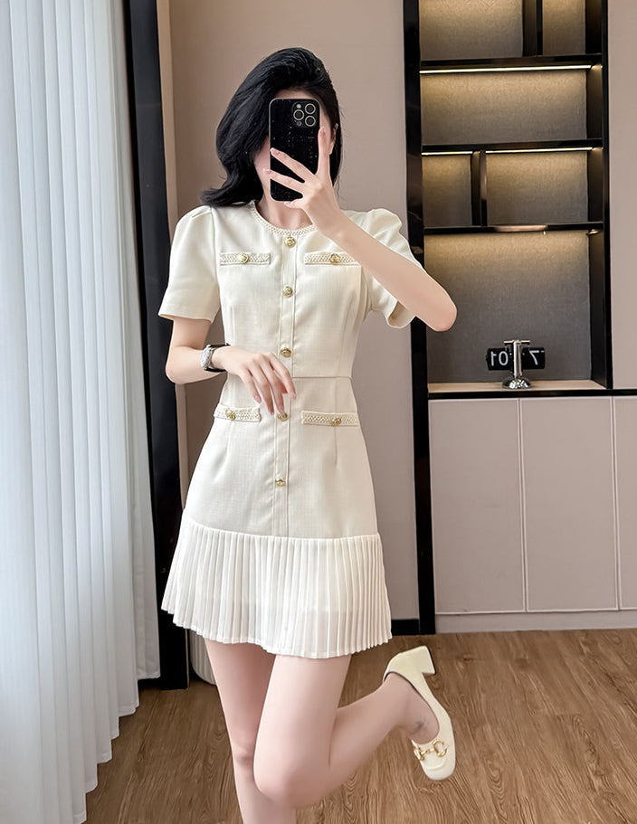 Short Sleeve Cream Tweed Dress With Pleated Flounce Skirt