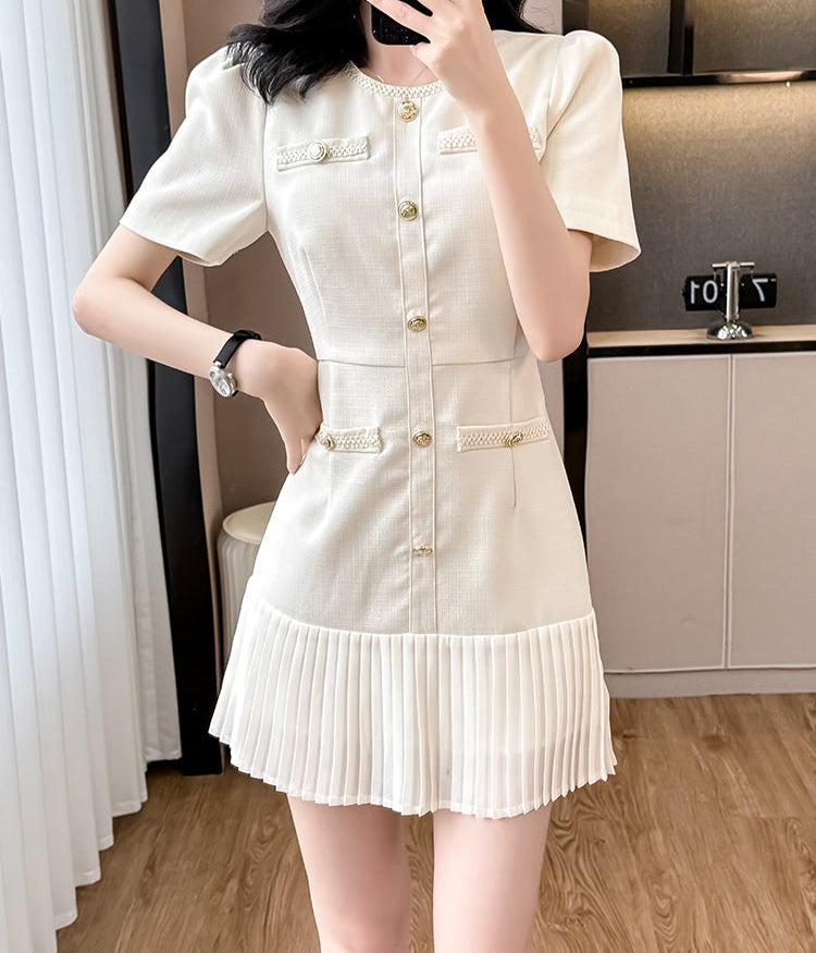 Short Sleeve Cream Tweed Dress With Pleated Flounce Skirt