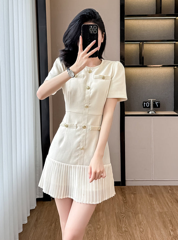 Short Sleeve Cream Tweed Dress With Pleated Flounce Skirt