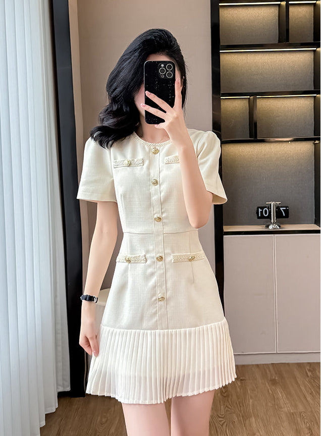 Short Sleeve Cream Tweed Dress With Pleated Flounce Skirt