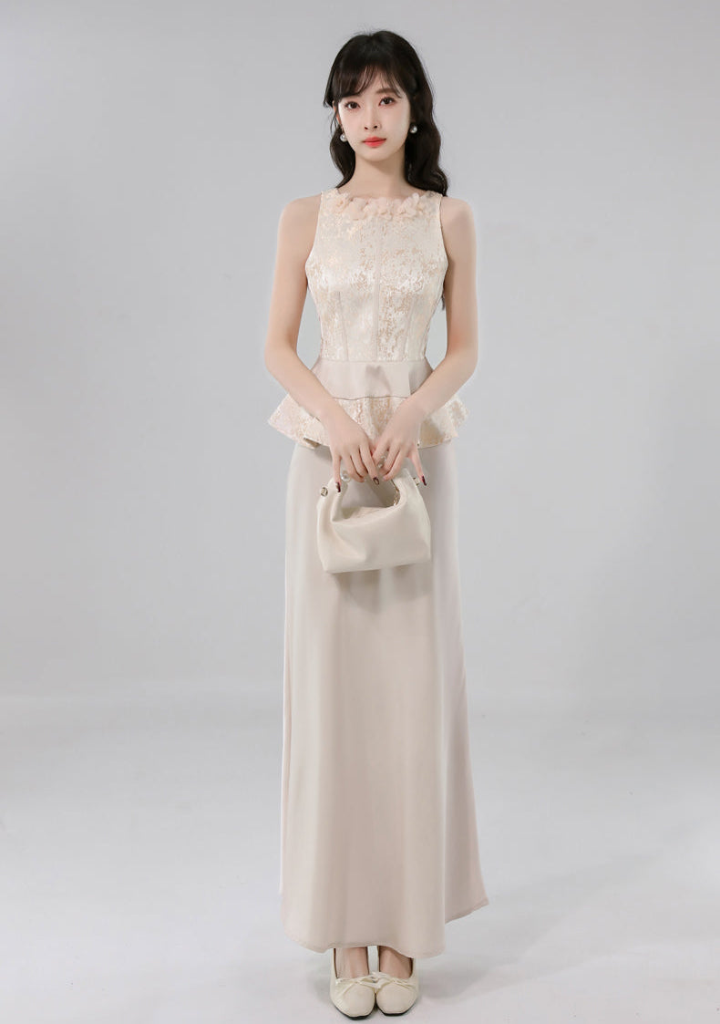 Gauze Flower Jacquard Peplum Top With Satin A-Line Skirt