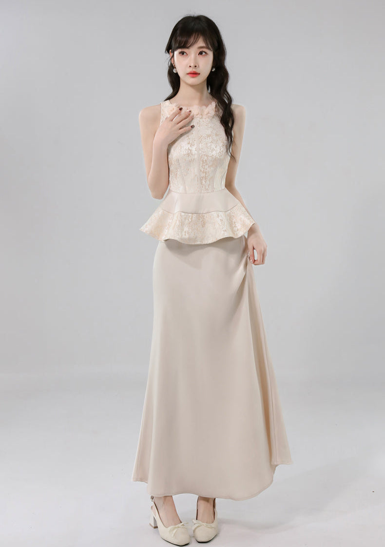 Gauze Flower Jacquard Peplum Top With Satin A-Line Skirt