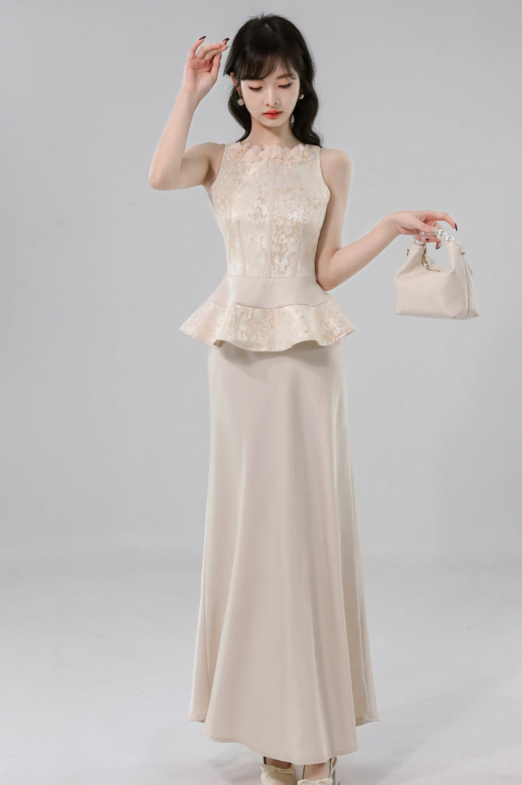 Gauze Flower Jacquard Peplum Top With Satin A-Line Skirt