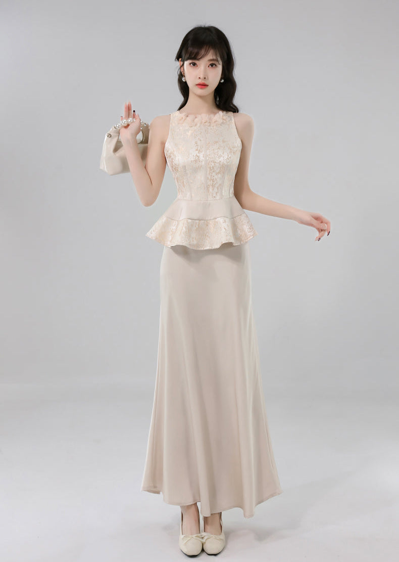Gauze Flower Jacquard Peplum Top With Satin A-Line Skirt