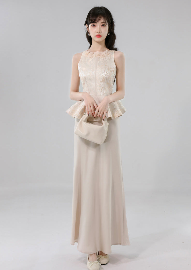 Gauze Flower Jacquard Peplum Top With Satin A-Line Skirt