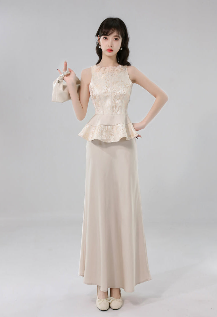 Gauze Flower Jacquard Peplum Top With Satin A-Line Skirt