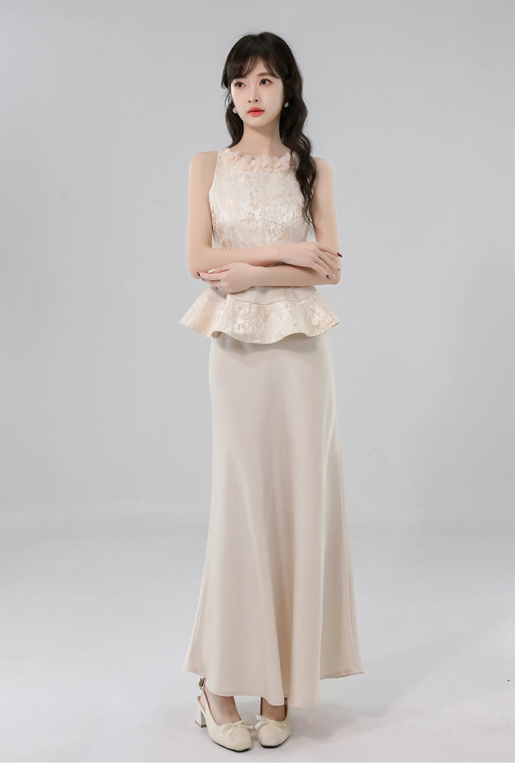 Gauze Flower Jacquard Peplum Top With Satin A-Line Skirt